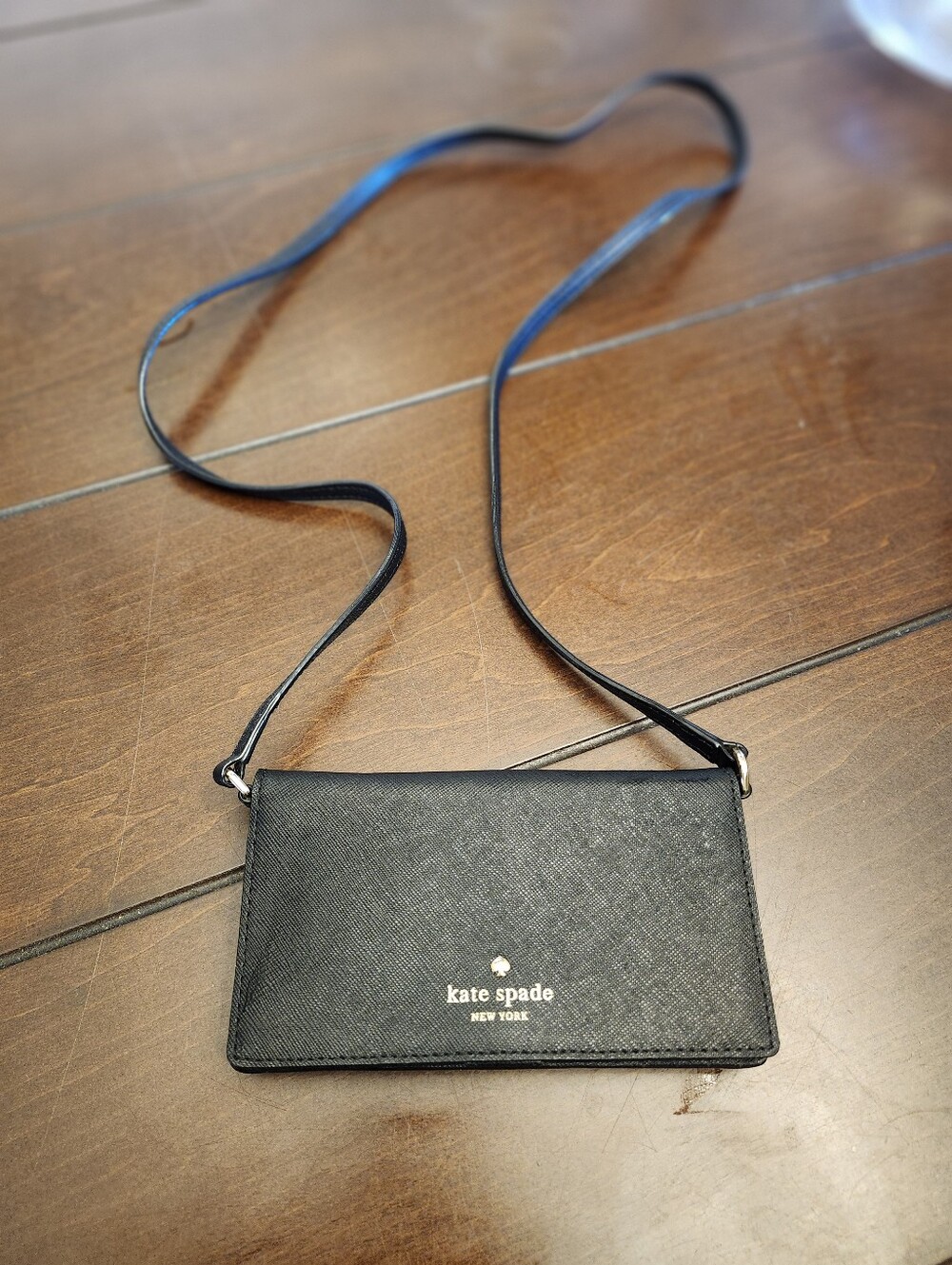 kate spade Black Saffiano Crossbody Wallet with Gold Logo